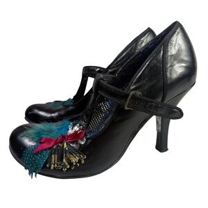 Irregular Choice Black Mary Jane Heels Embellished Feathers Bow US 10 EUR 41
